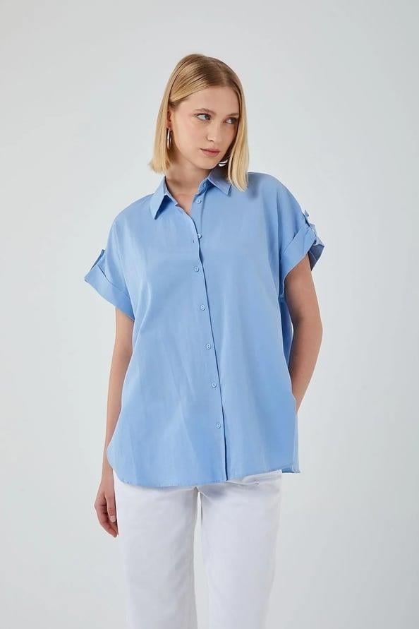 3967 Kadın Apoletli Kısa Kol Oversize Gömlek Bebe Mavi