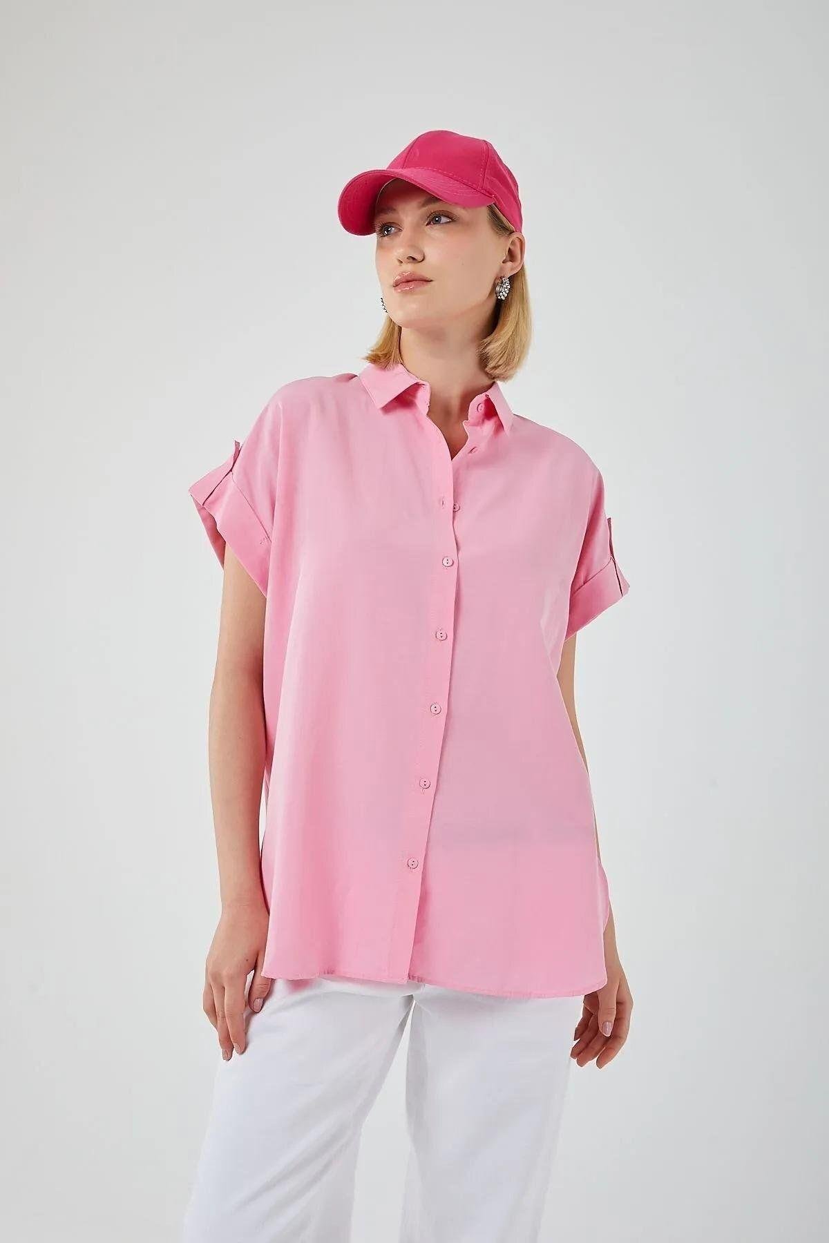 3967 Kadın Apoletli Kısa Kol Oversize Gömlek Şeker Pembe