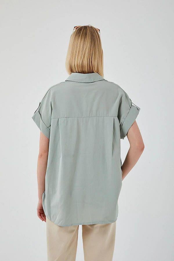 3967 Kadın Apoletli Kısa Kol Oversize Gömlek Çağla