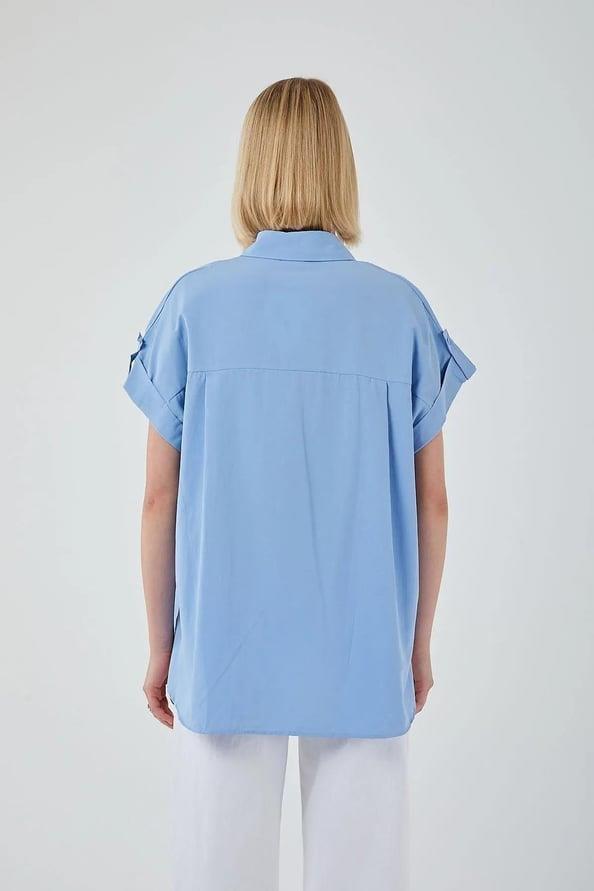 3967 Kadın Apoletli Kısa Kol Oversize Gömlek Bebe Mavi