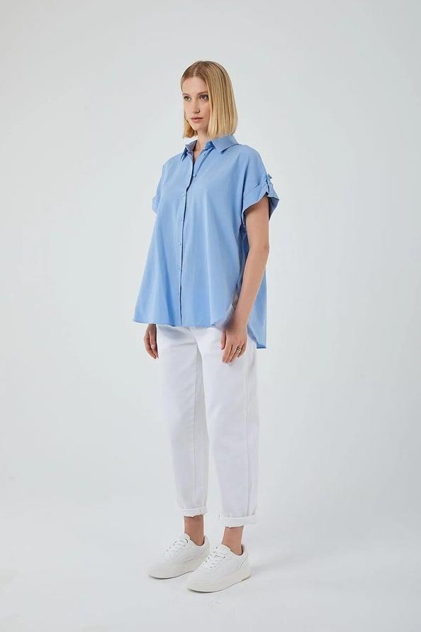 3967 Kadın Apoletli Kısa Kol Oversize Gömlek Bebe Mavi
