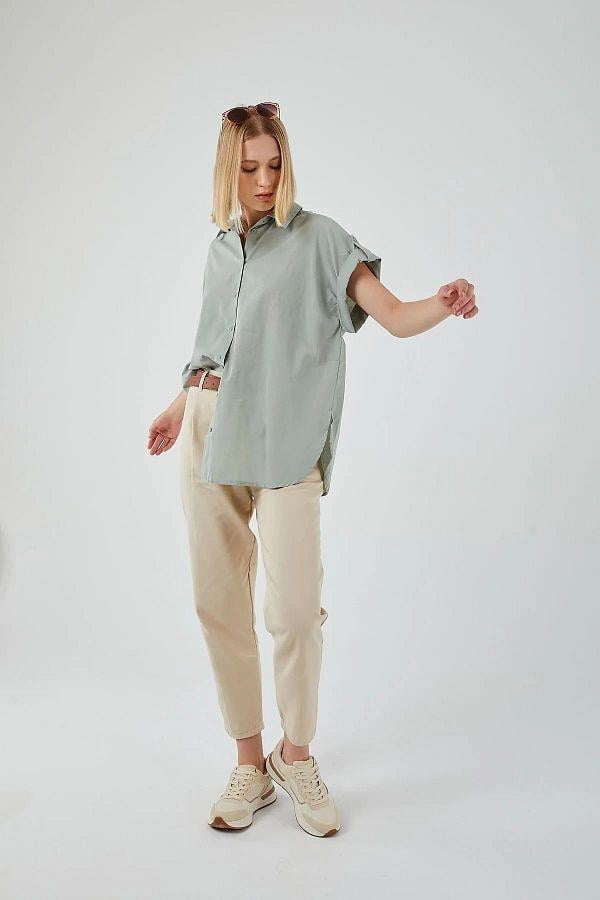 3967 Kadın Apoletli Kısa Kol Oversize Gömlek Çağla
