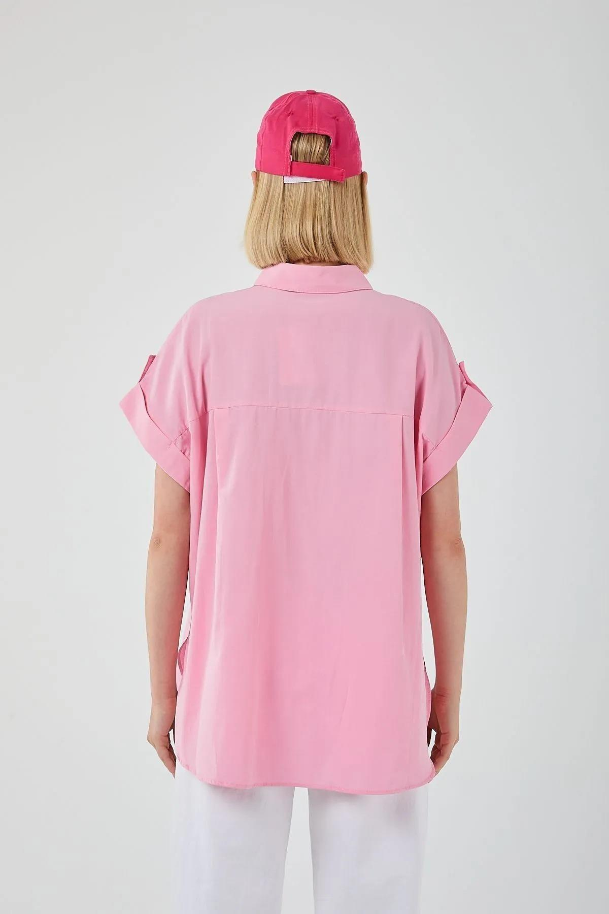 3967 Kadın Apoletli Kısa Kol Oversize Gömlek Şeker Pembe