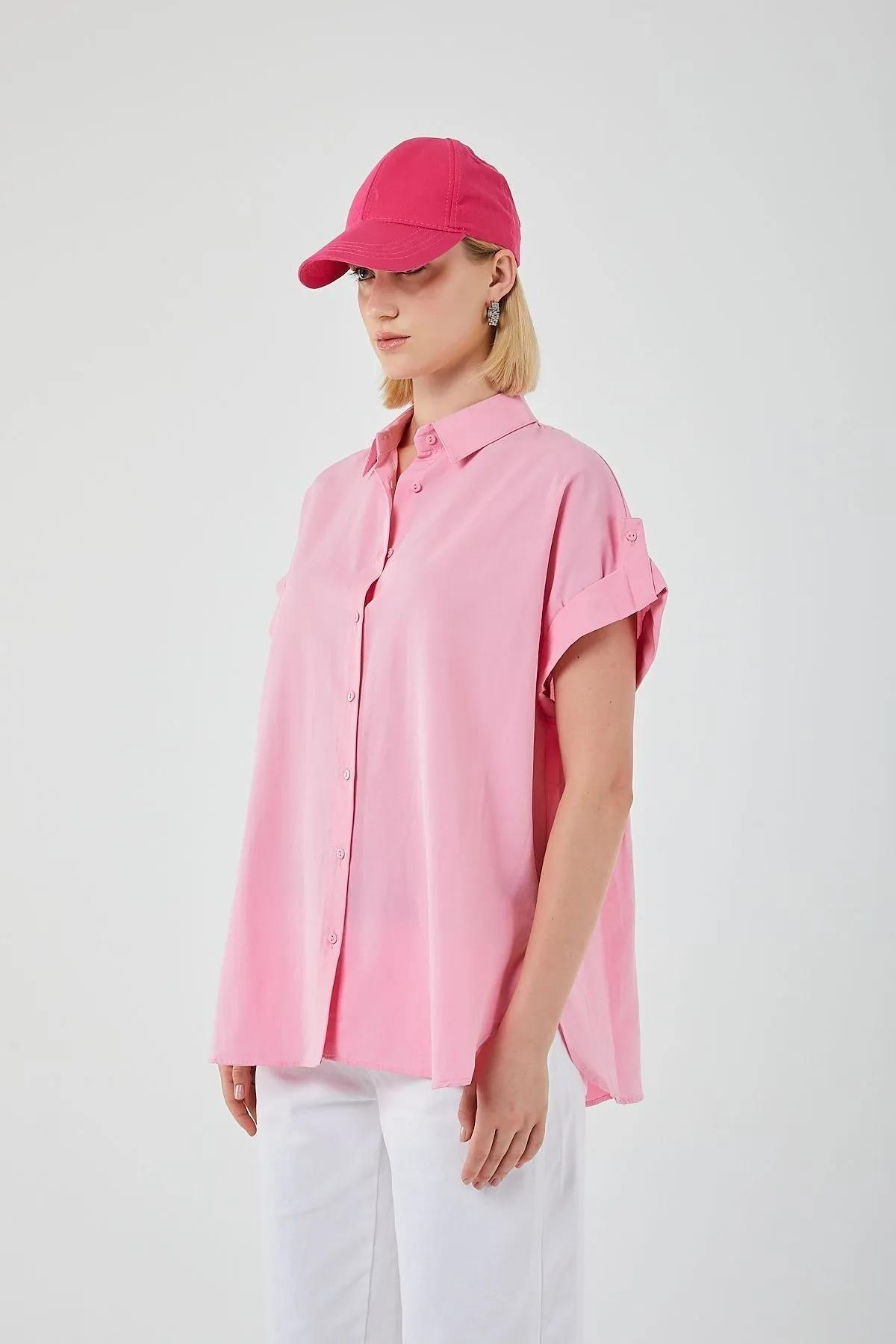 3967 Kadın Apoletli Kısa Kol Oversize Gömlek Şeker Pembe