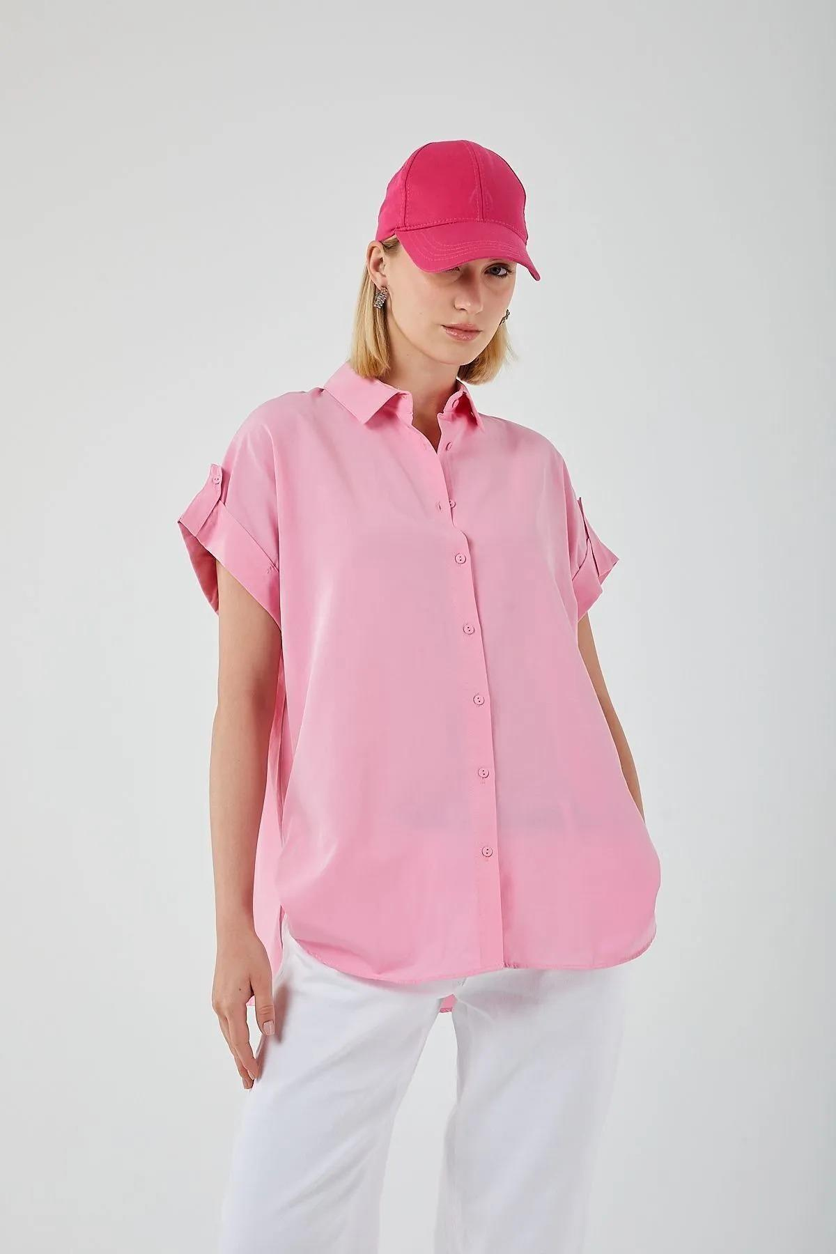 3967 Kadın Apoletli Kısa Kol Oversize Gömlek Şeker Pembe