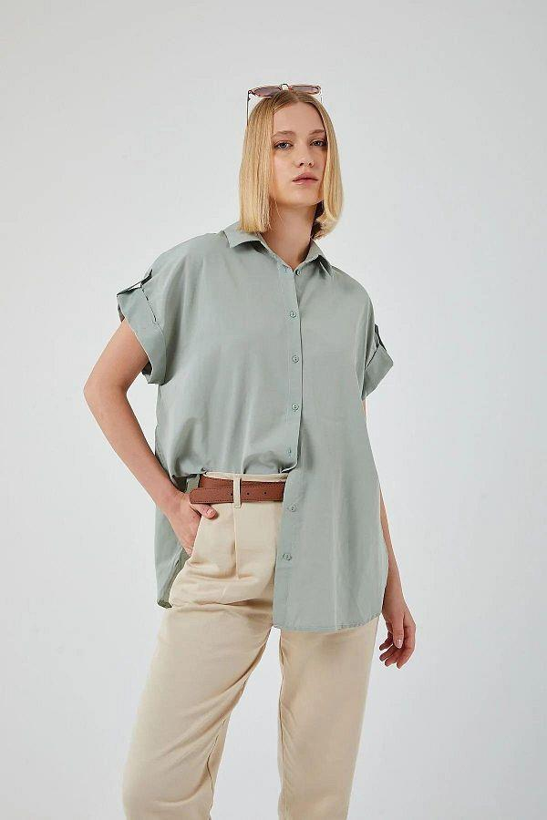 3967 Kadın Apoletli Kısa Kol Oversize Gömlek Çağla