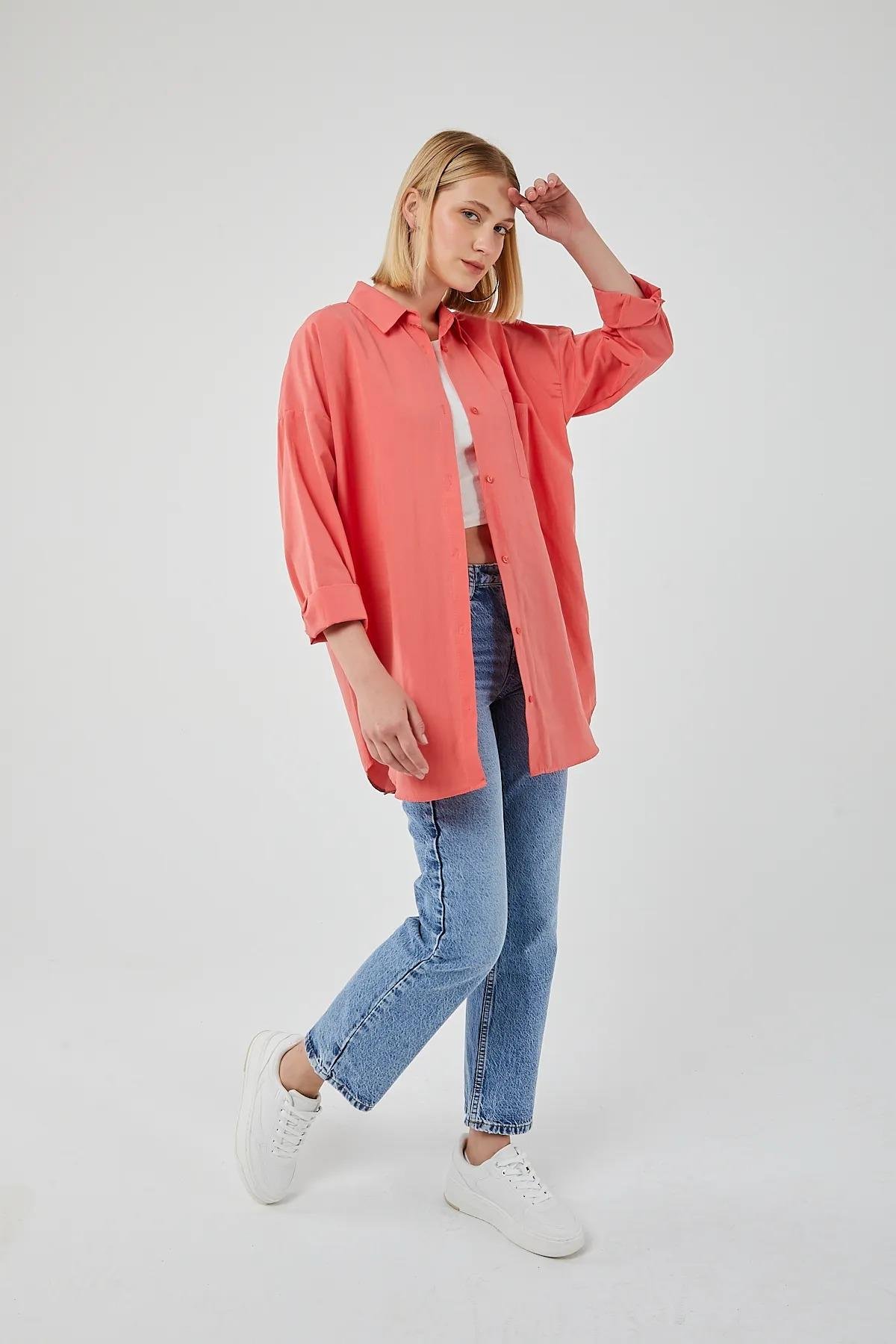 4053 Kadın Tek Cepli Oversize Basic Gömlek Nar