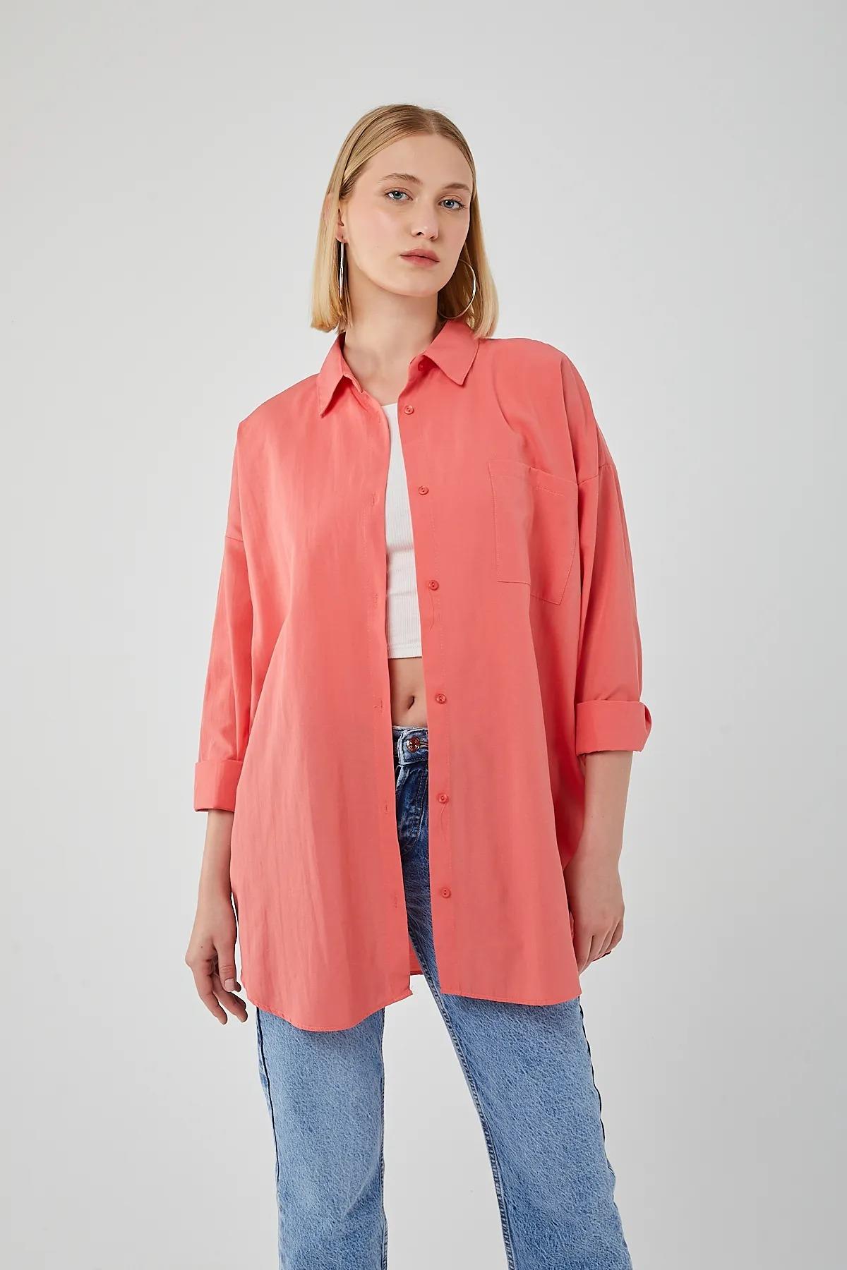 4053 Kadın Tek Cepli Oversize Basic Gömlek Nar