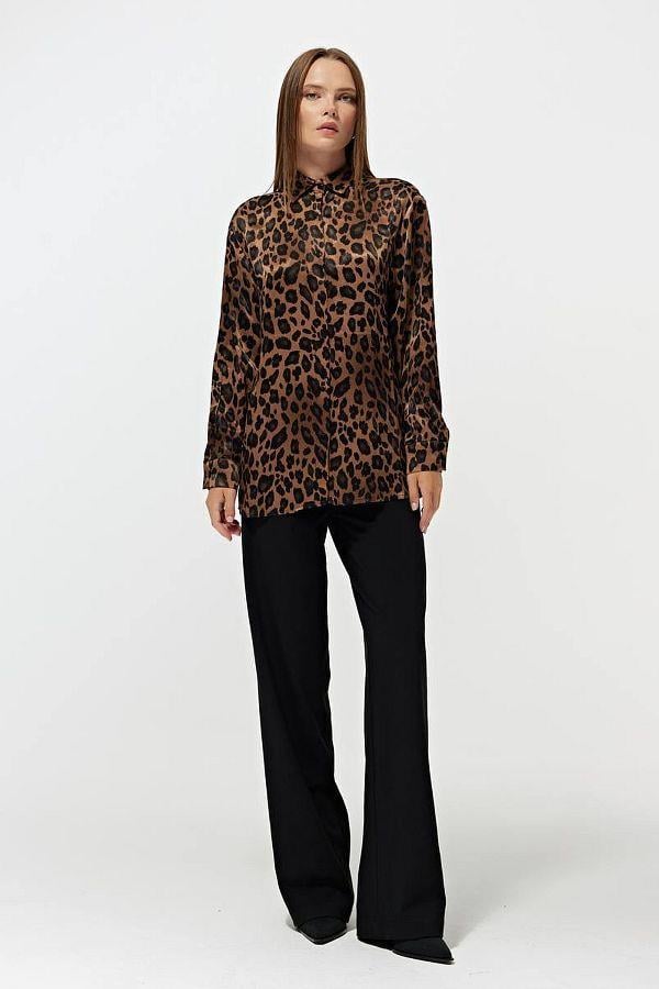 4106 Leopar Desen Saten Gömlek Kahve