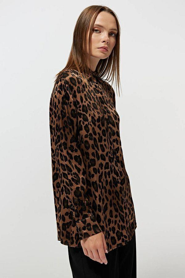 4106 Leopar Desen Saten Gömlek Kahve