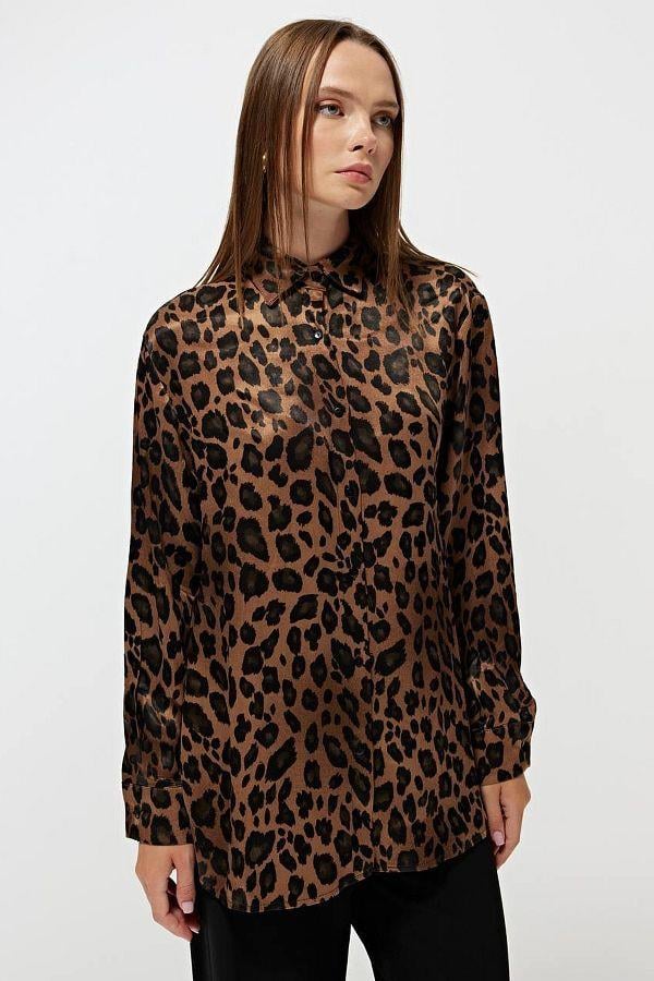 4106 Leopar Desen Saten Gömlek Kahve