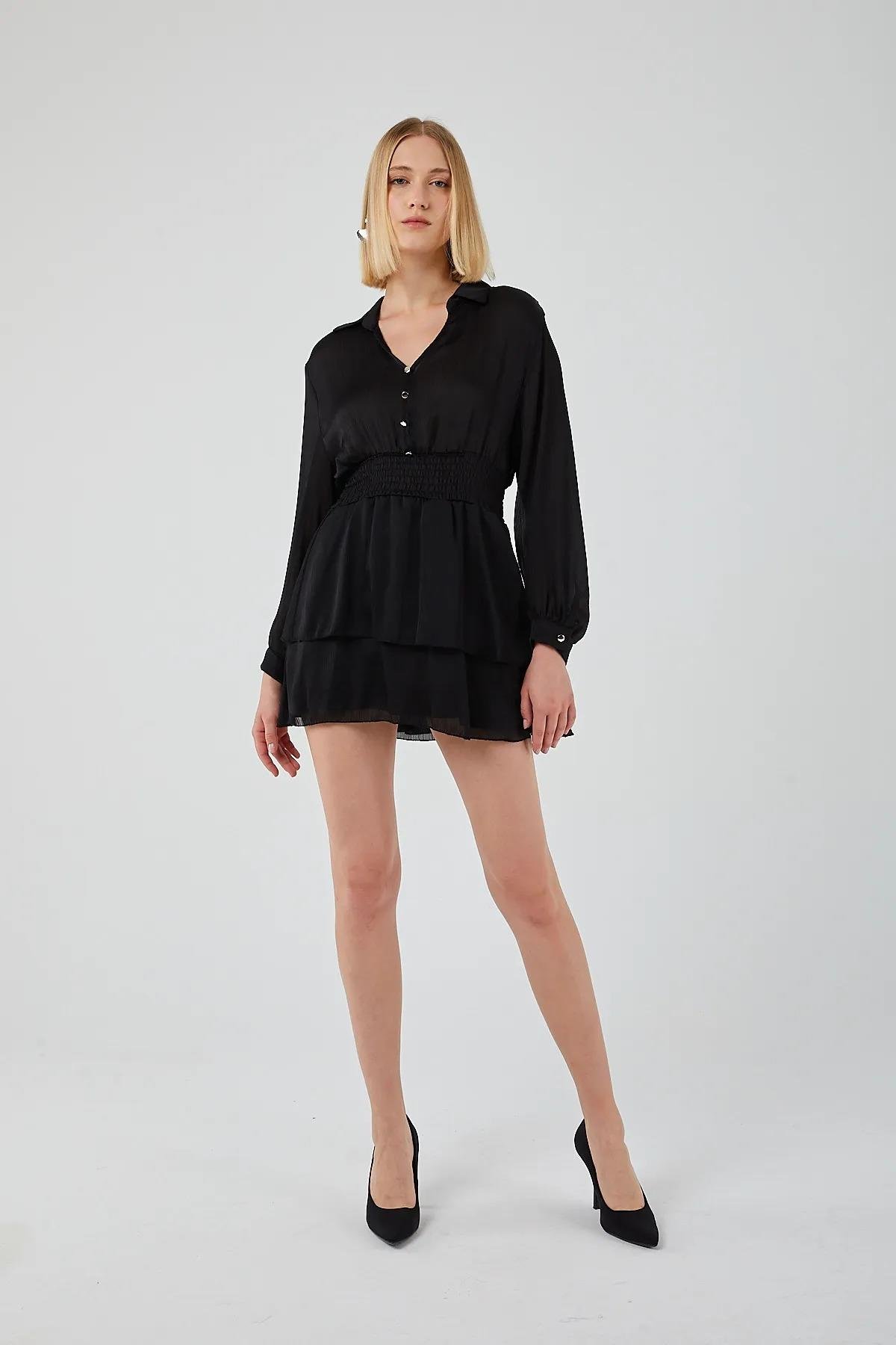 4216 Kadın Katlı Mini Elbise Siyah