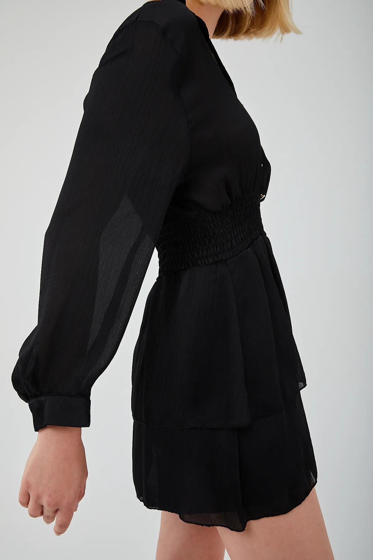 4216 Kadın Katlı Mini Elbise Siyah
