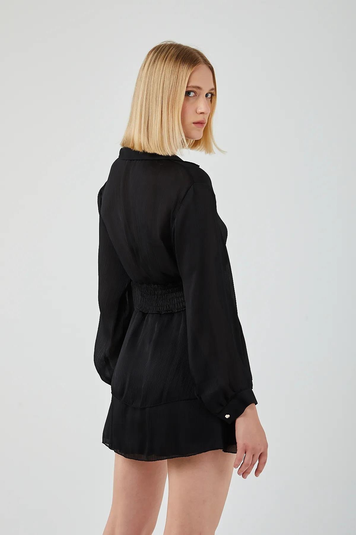 4216 Kadın Katlı Mini Elbise Siyah