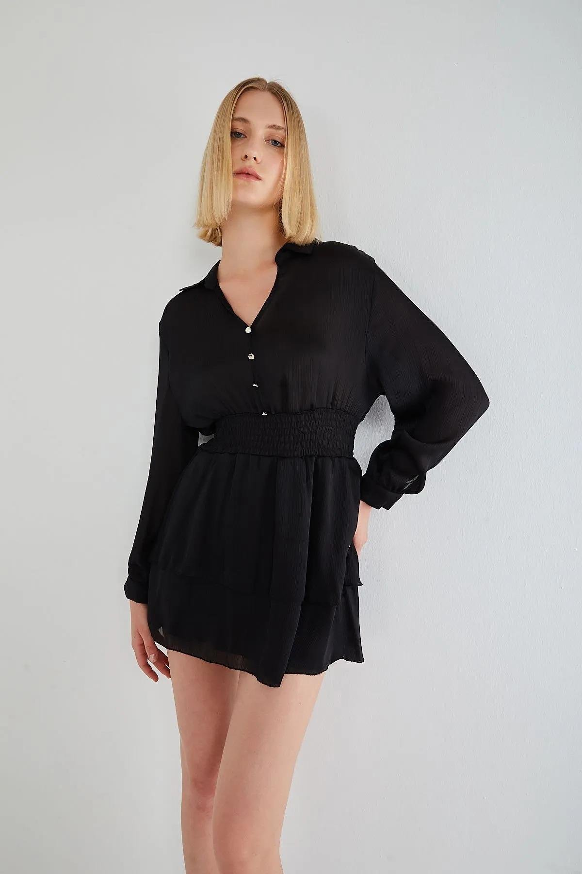 4216 Kadın Katlı Mini Elbise Siyah