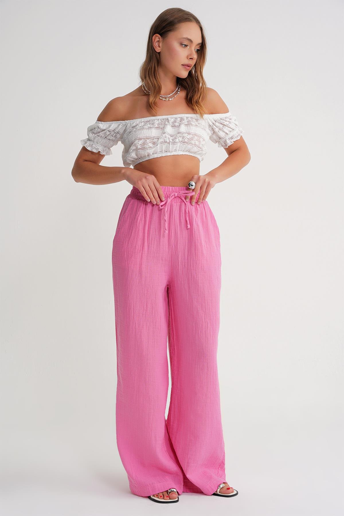 4286 Kadın Beli Lastikli Müslin Palazzo Pantolon Pembe