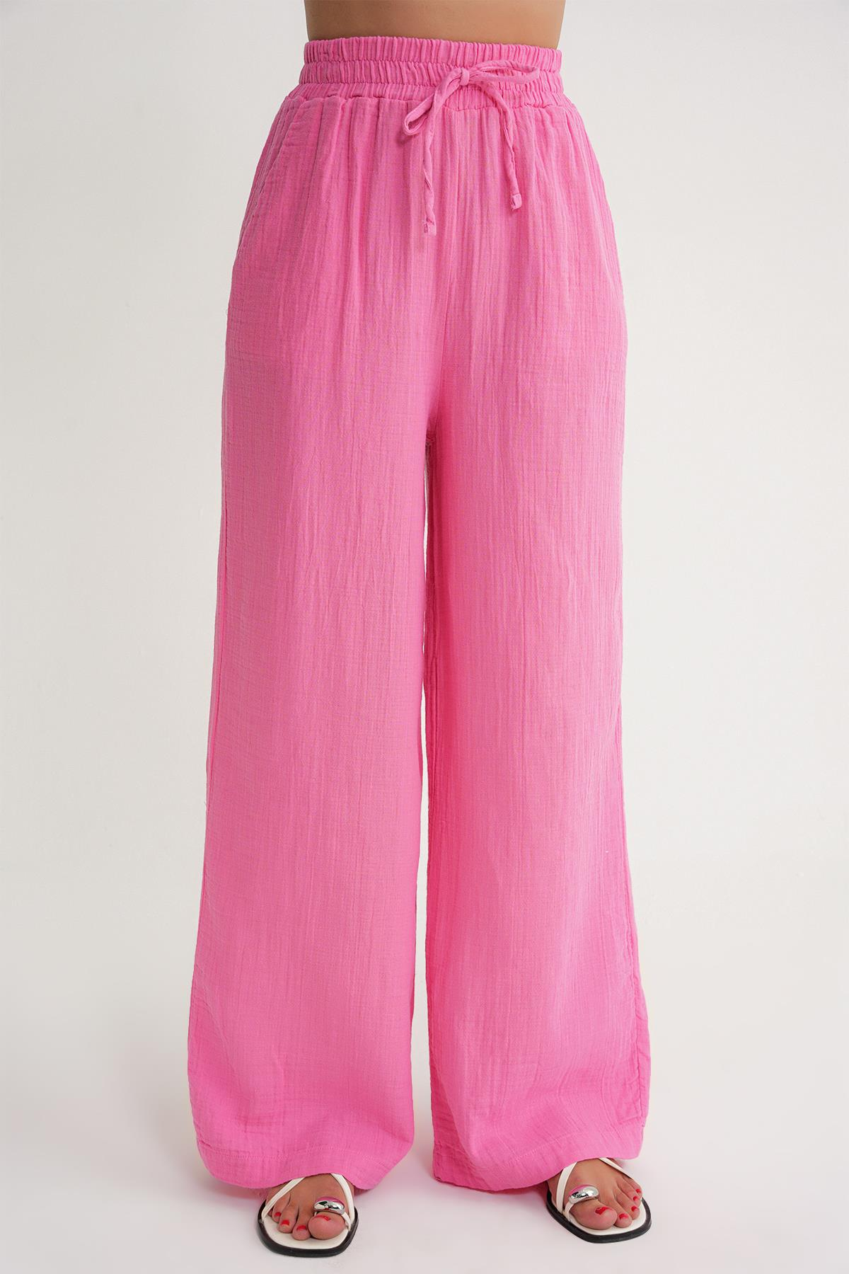 4286 Kadın Beli Lastikli Müslin Palazzo Pantolon Pembe