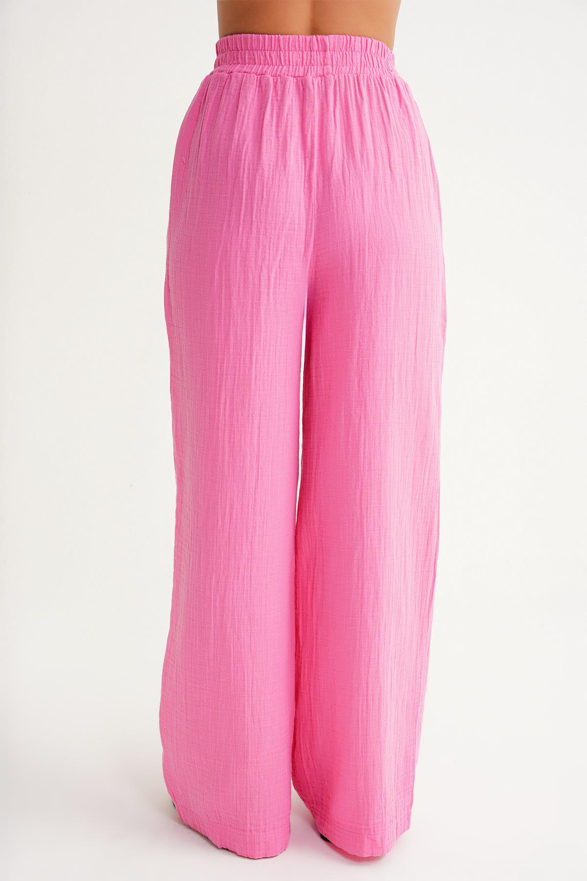 4286 Kadın Beli Lastikli Müslin Palazzo Pantolon Pembe