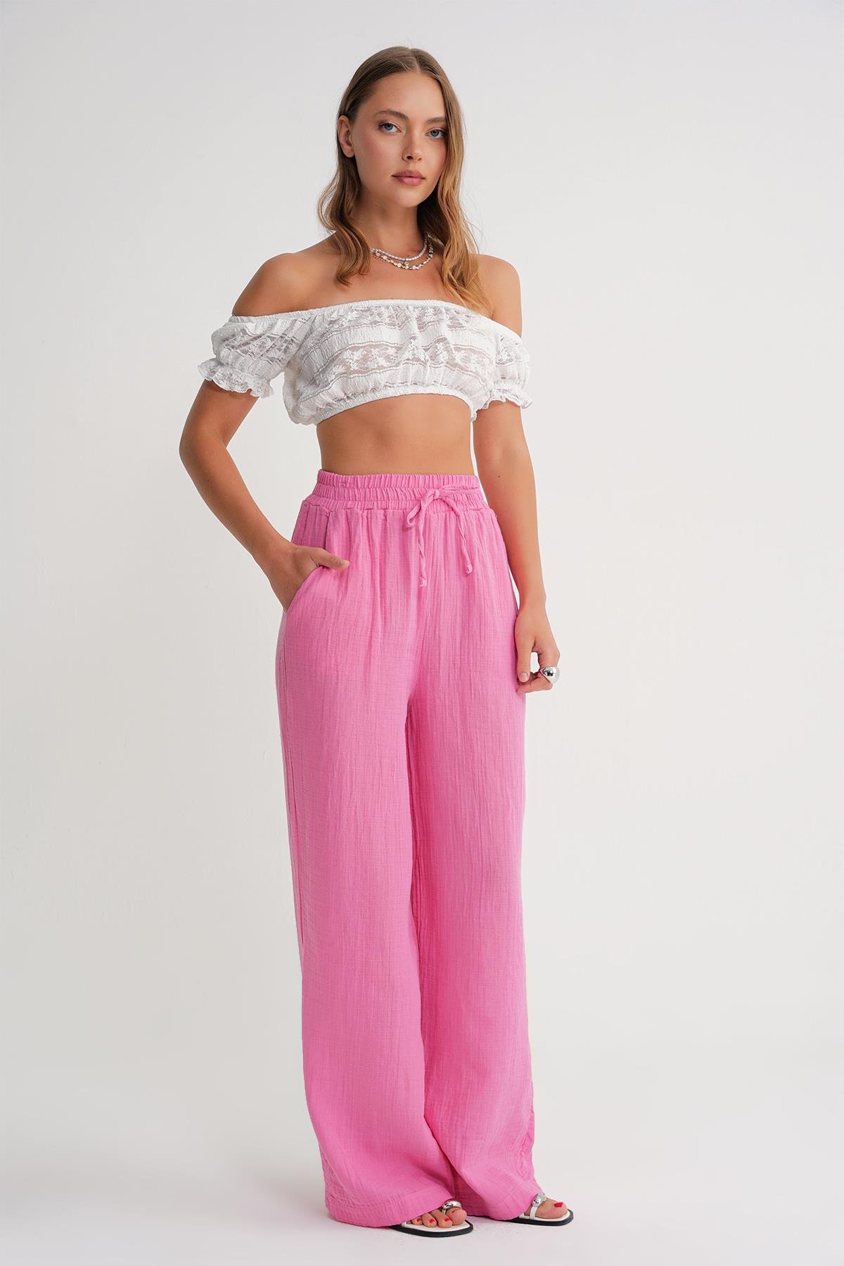 4286 Kadın Beli Lastikli Müslin Palazzo Pantolon Pembe