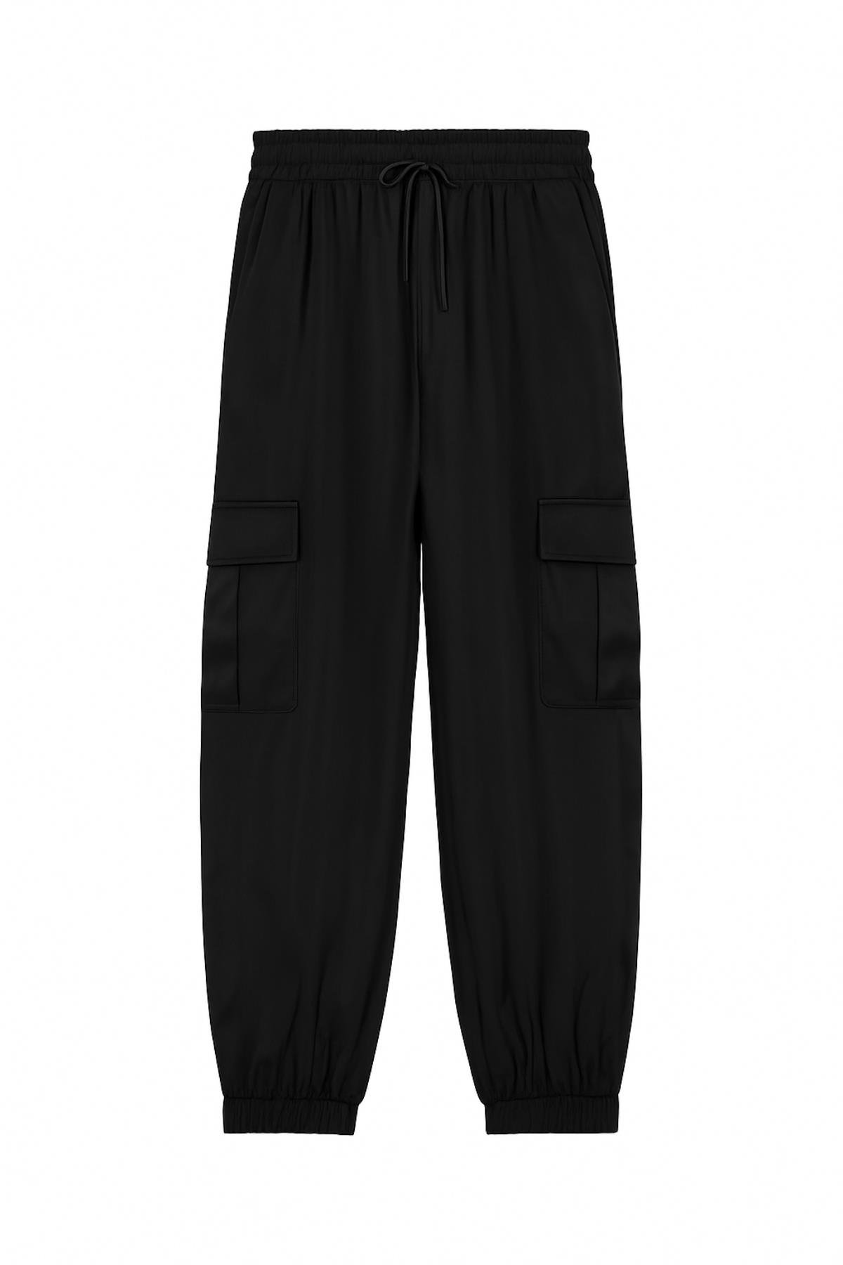 4305 Kadın Kargo Cepli Saten Pantolon Siyah