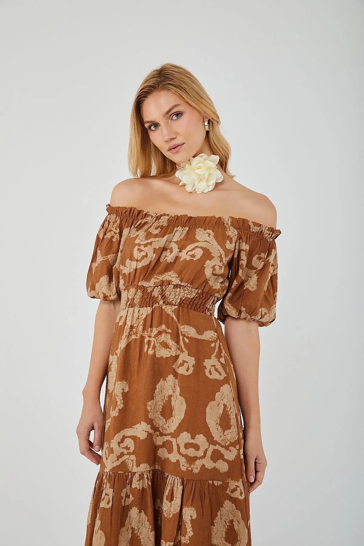 4313 Kadın Desenli Balon Kol Elbise Kahve