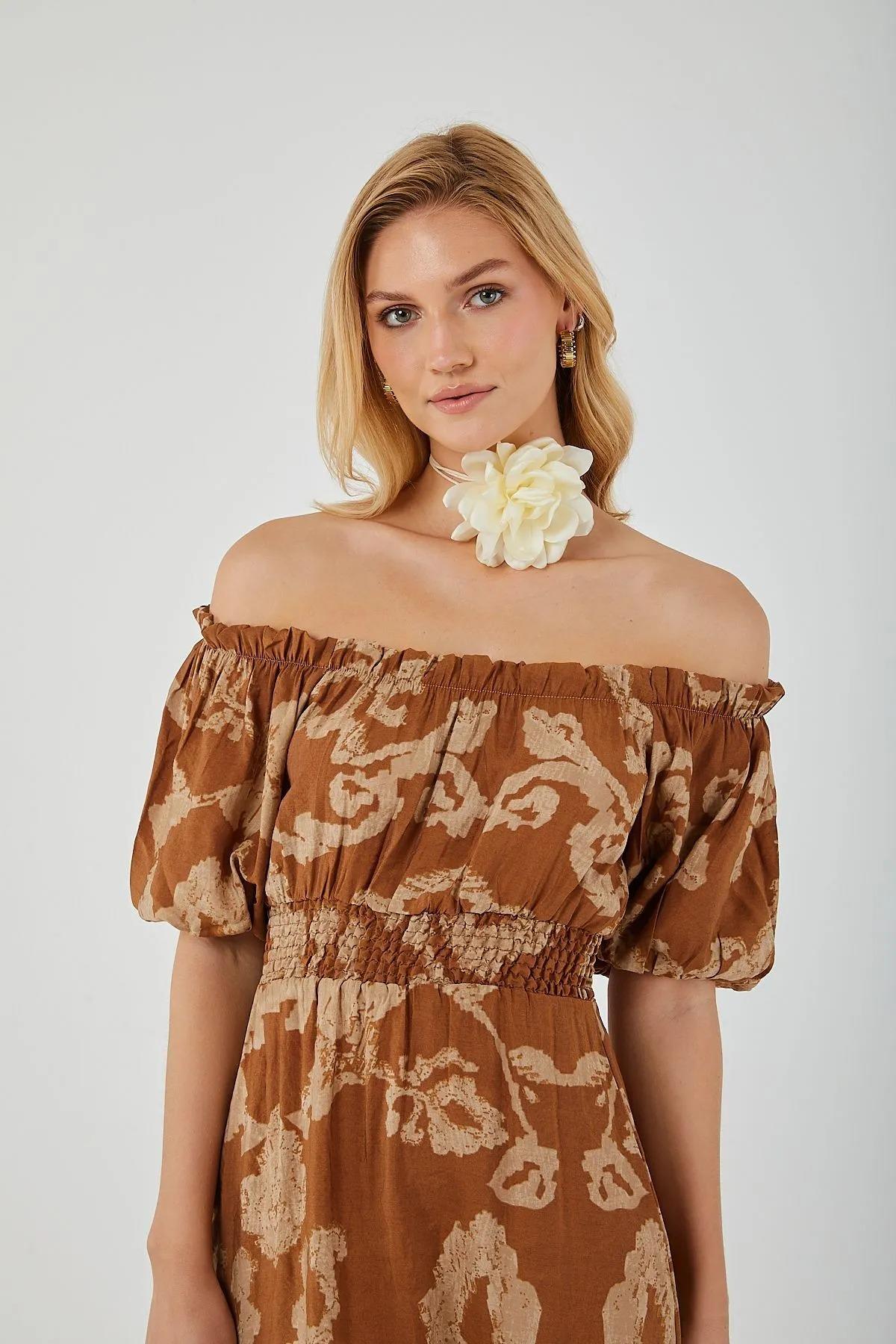 4313 Kadın Desenli Balon Kol Elbise Kahve