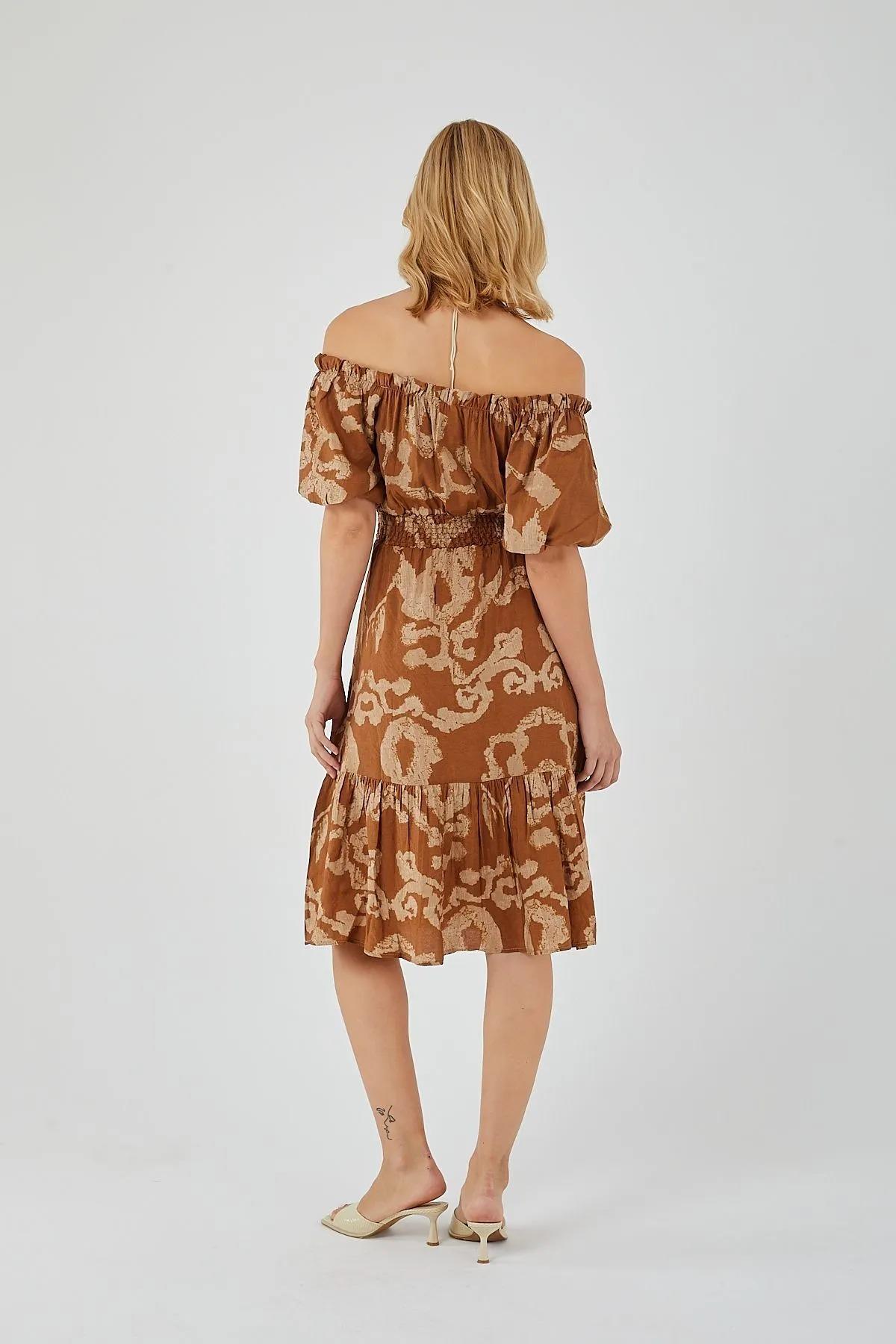 4313 Kadın Desenli Balon Kol Elbise Kahve