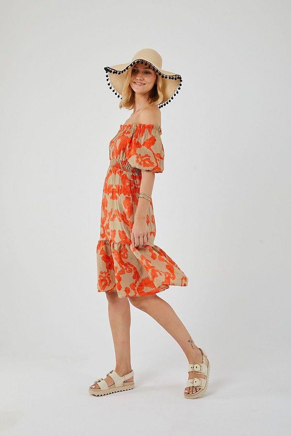 4313 Kadın Desenli Balon Kol Elbise Turuncu