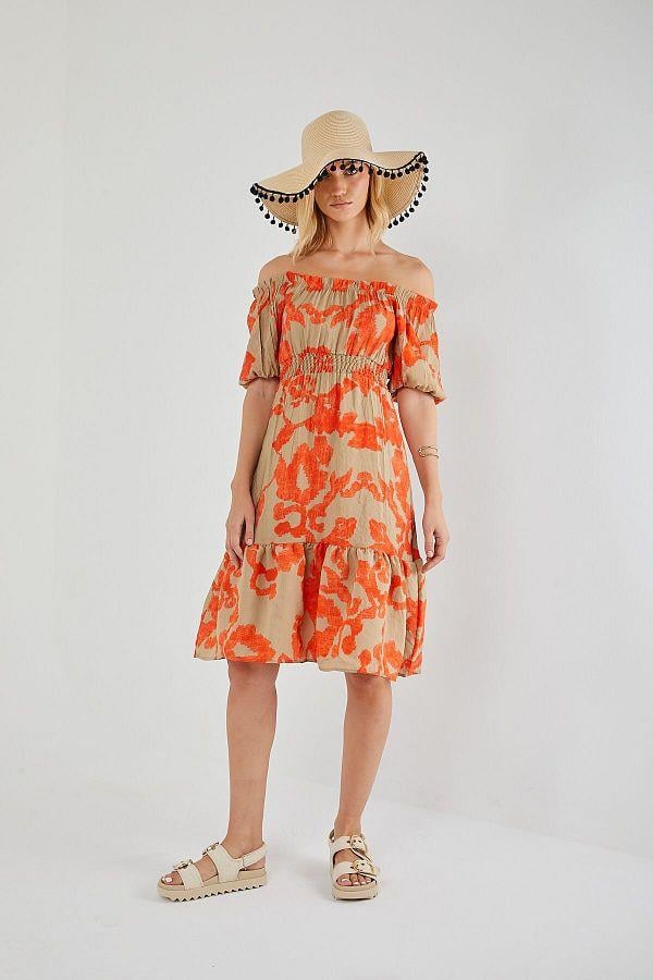 4313 Kadın Desenli Balon Kol Elbise Turuncu