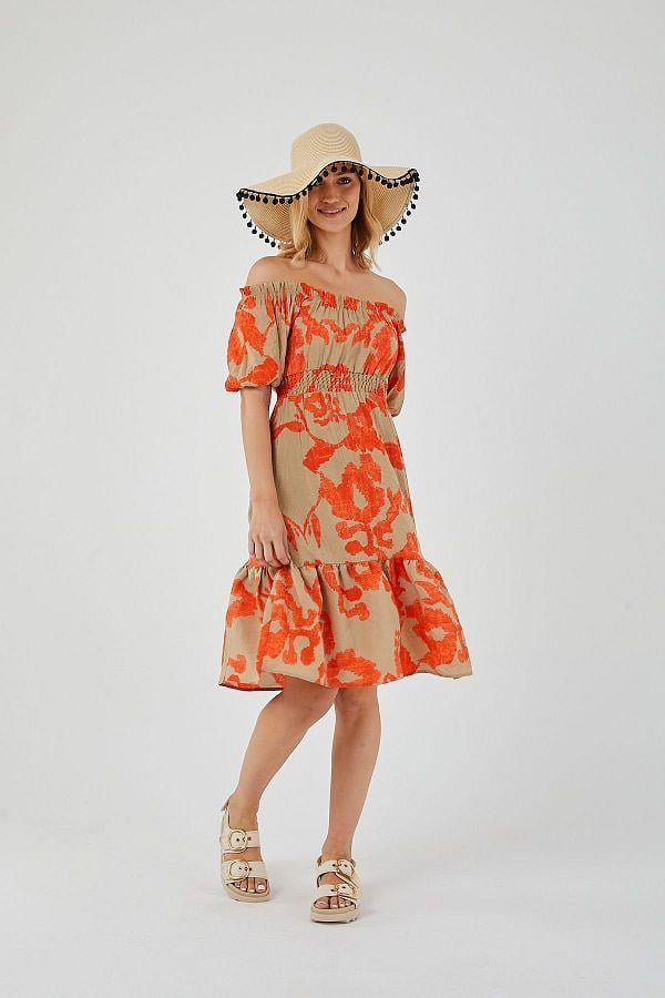 4313 Kadın Desenli Balon Kol Elbise Turuncu