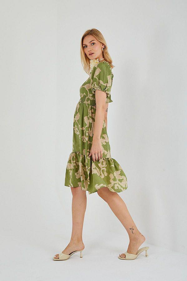 4313 Kadın Desenli Balon Kol Elbise Yeşil