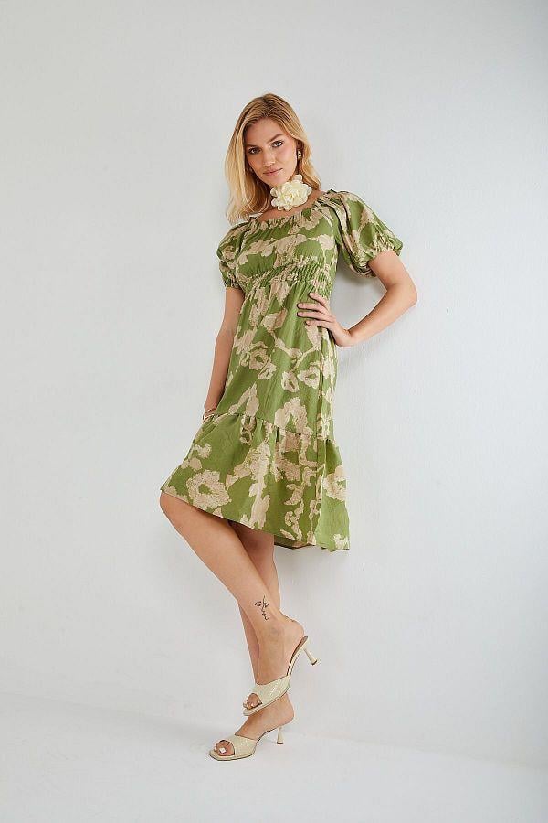 4313 Kadın Desenli Balon Kol Elbise Yeşil