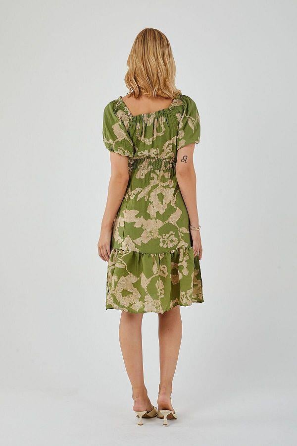 4313 Kadın Desenli Balon Kol Elbise Yeşil