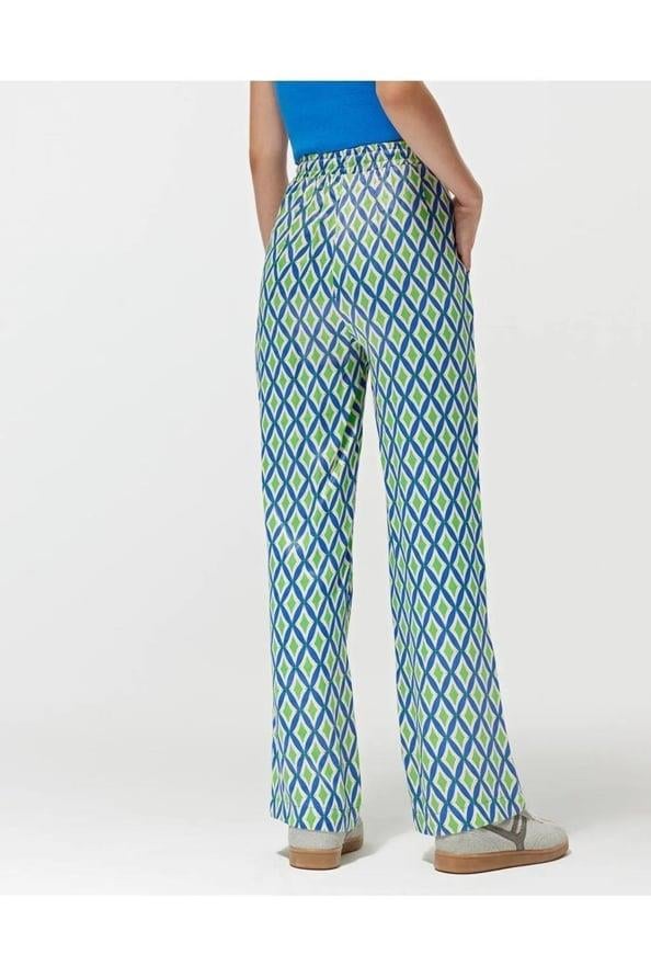 4360 Kadın Geometrik Desen Saten Pantolon Mavi