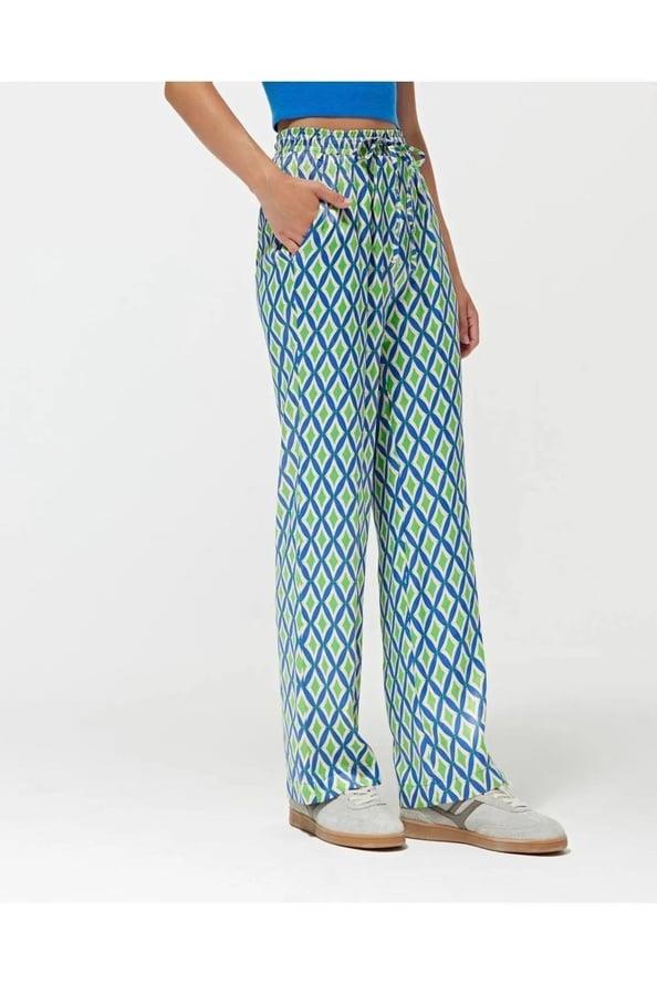 4360 Kadın Geometrik Desen Saten Pantolon Mavi