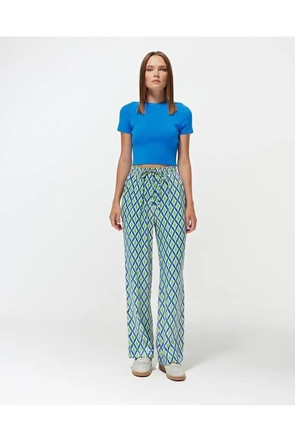 4360 Kadın Geometrik Desen Saten Pantolon Mavi