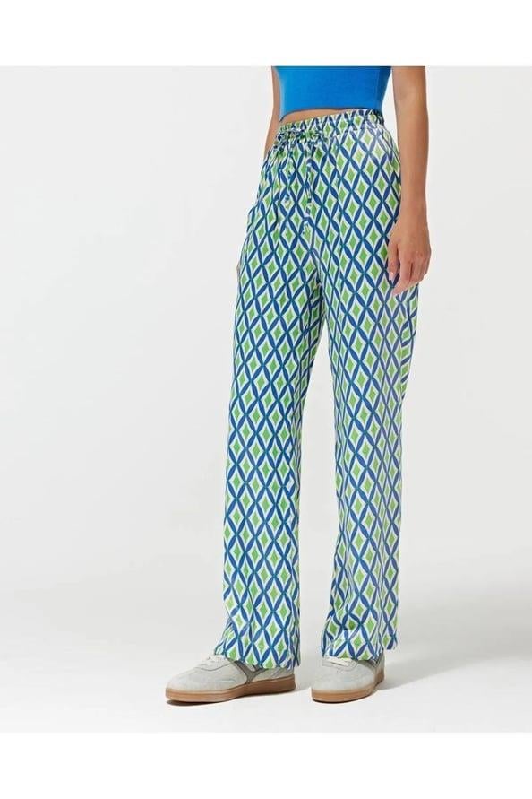 4360 Kadın Geometrik Desen Saten Pantolon Mavi