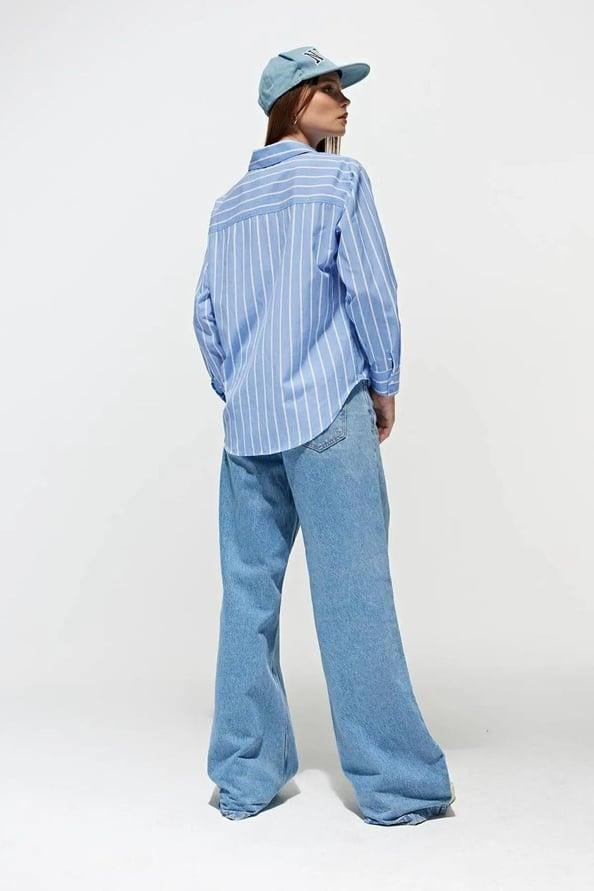 4367 Kadın Çizgili Oversize Gömlek Mavi