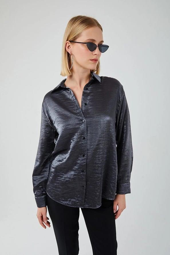 4407 Kadın Parlak Kumaş Gömlek Antrasit