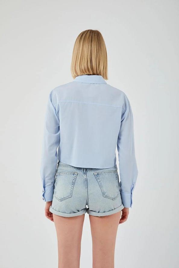 4444 Kadın Apoletli Crop Gömlek Bebe Mavi