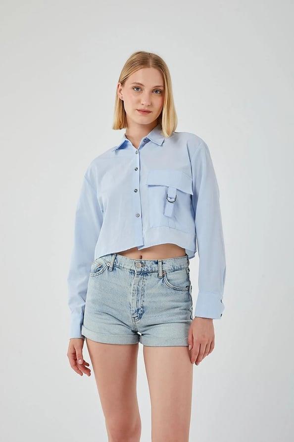 4444 Kadın Apoletli Crop Gömlek Bebe Mavi