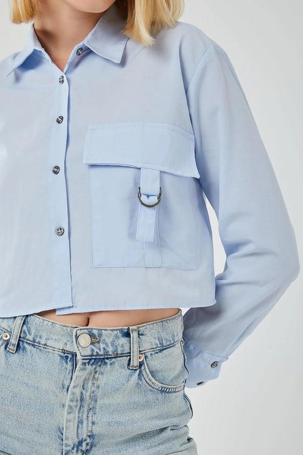 4444 Kadın Apoletli Crop Gömlek Bebe Mavi