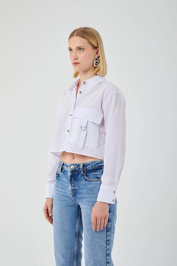 4444 Kadın Apoletli Crop Gömlek Beyaz