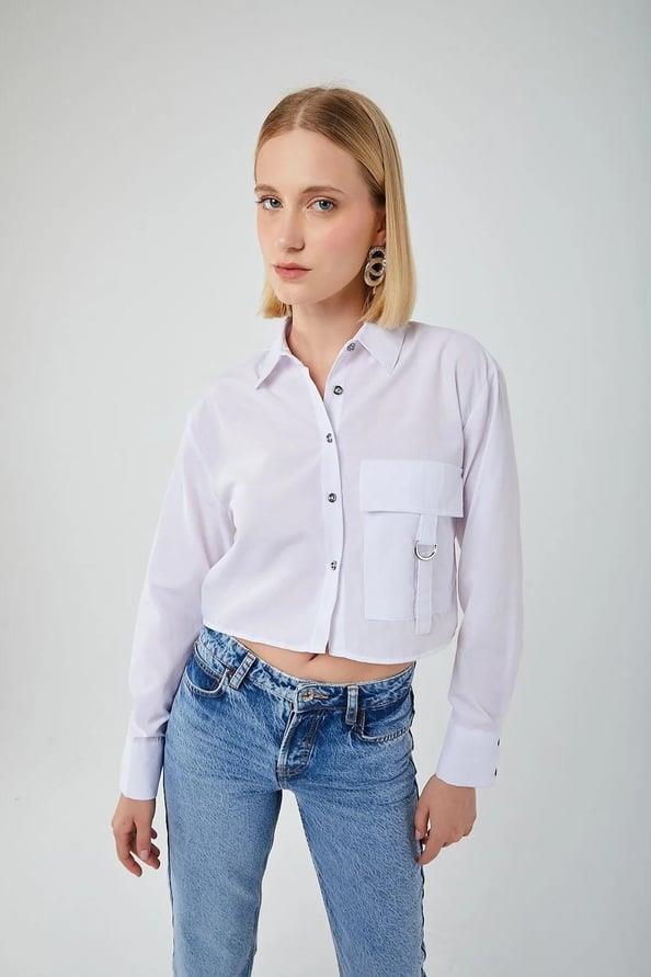 4444 Kadın Apoletli Crop Gömlek Beyaz