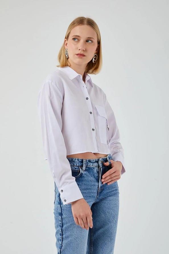 4444 Kadın Apoletli Crop Gömlek Beyaz