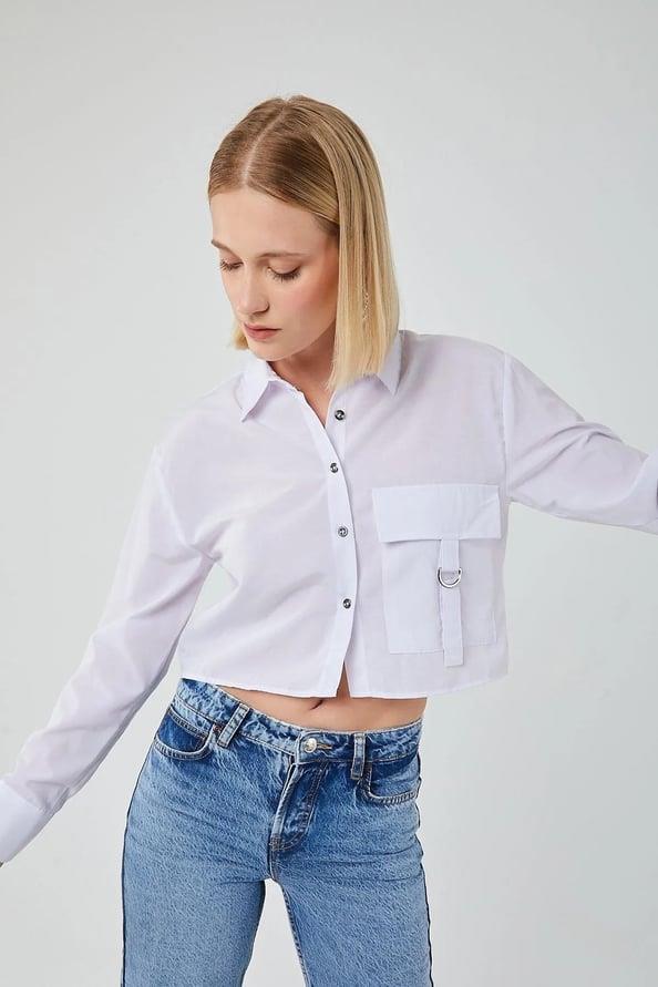 4444 Kadın Apoletli Crop Gömlek Beyaz