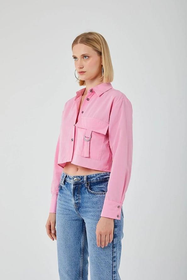 4444 Kadın Apoletli Crop Gömlek Şeker Pembe