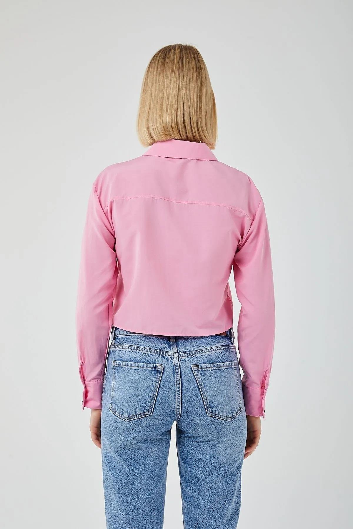 4444 Kadın Apoletli Crop Gömlek Şeker Pembe