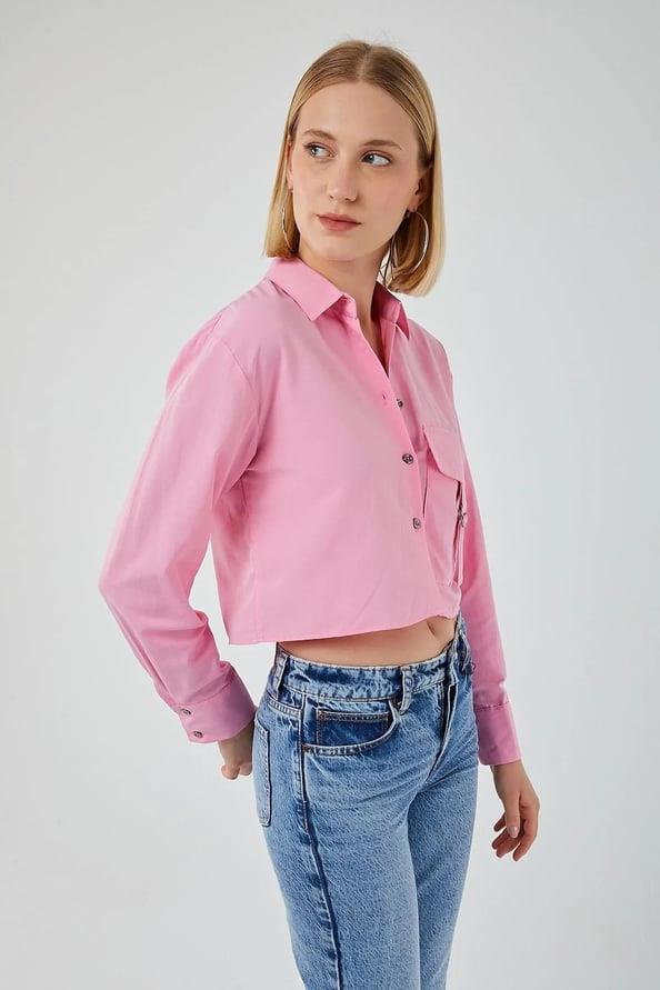 4444 Kadın Apoletli Crop Gömlek Şeker Pembe