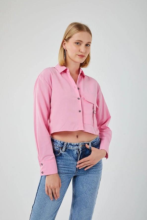 4444 Kadın Apoletli Crop Gömlek Şeker Pembe